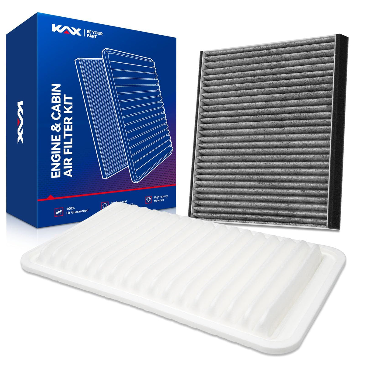 KAX kit front packaging showing both engine and cabin filters for quick selection