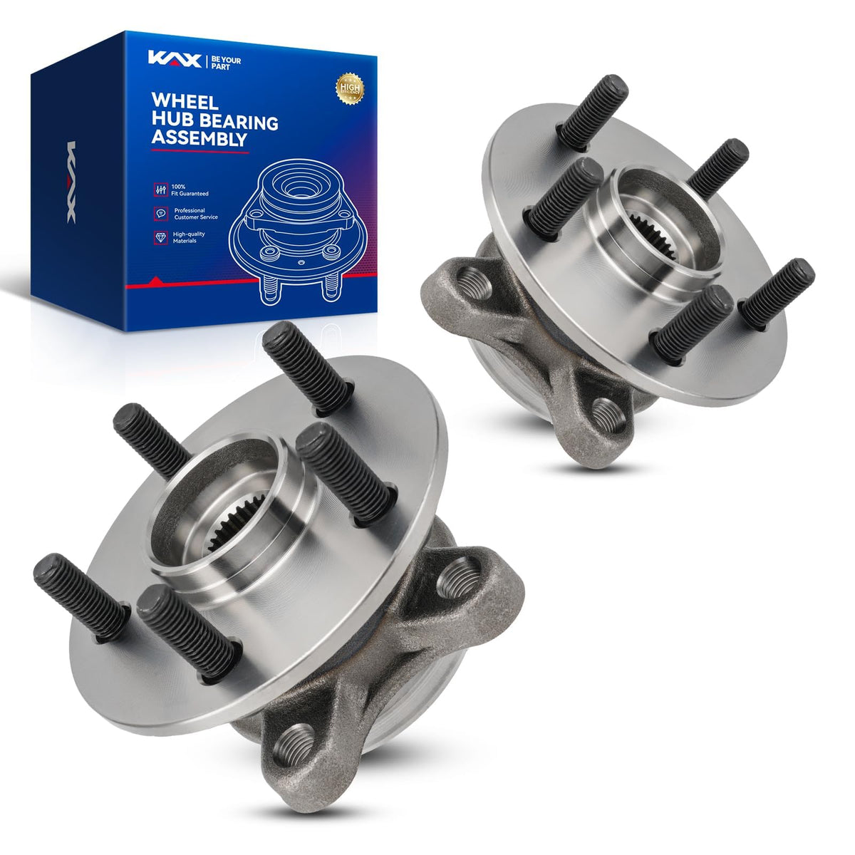 KAX front hub assembly packaging showing brand and fitment benefits