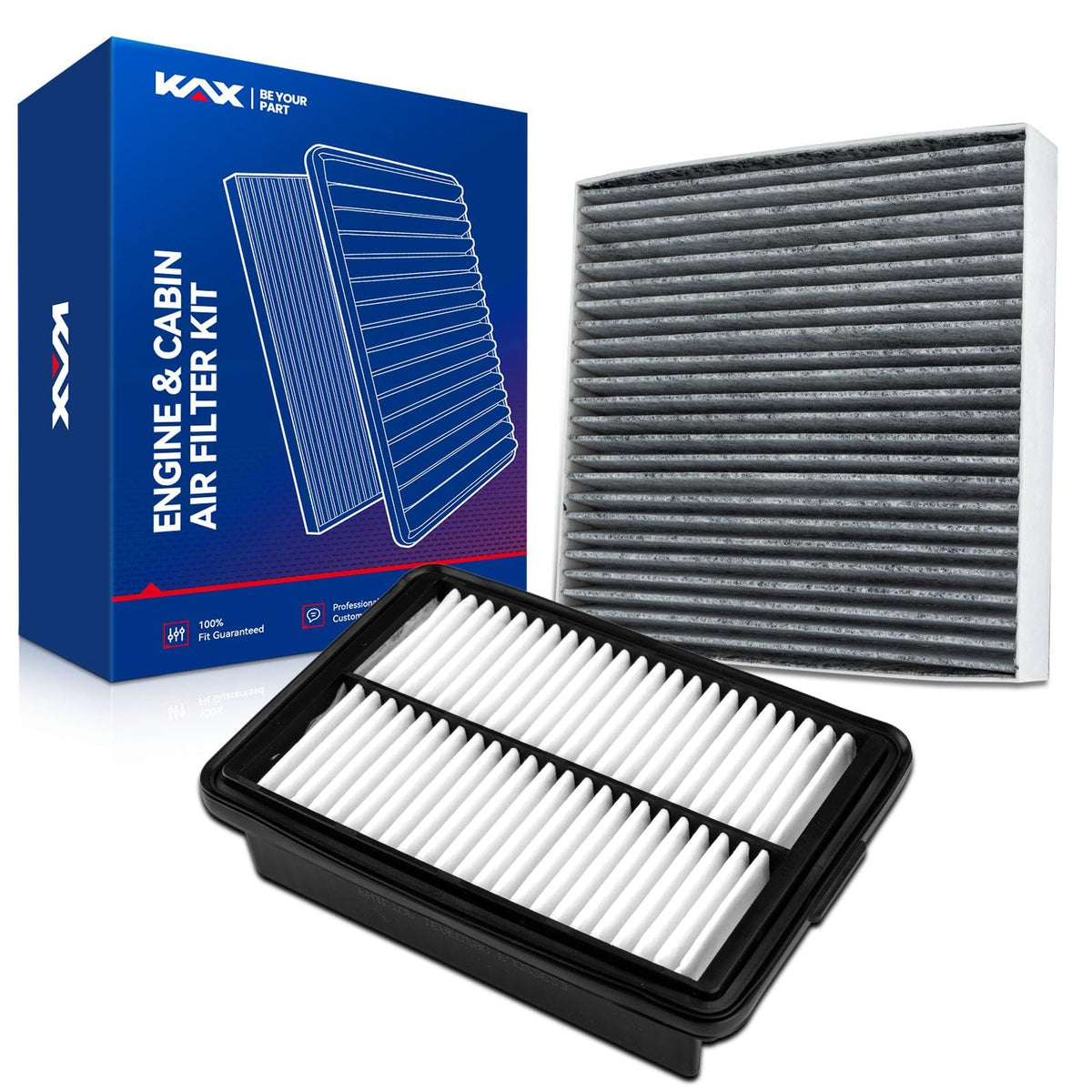 KAX front packaging showing both engine and cabin filters and quick-install benefit