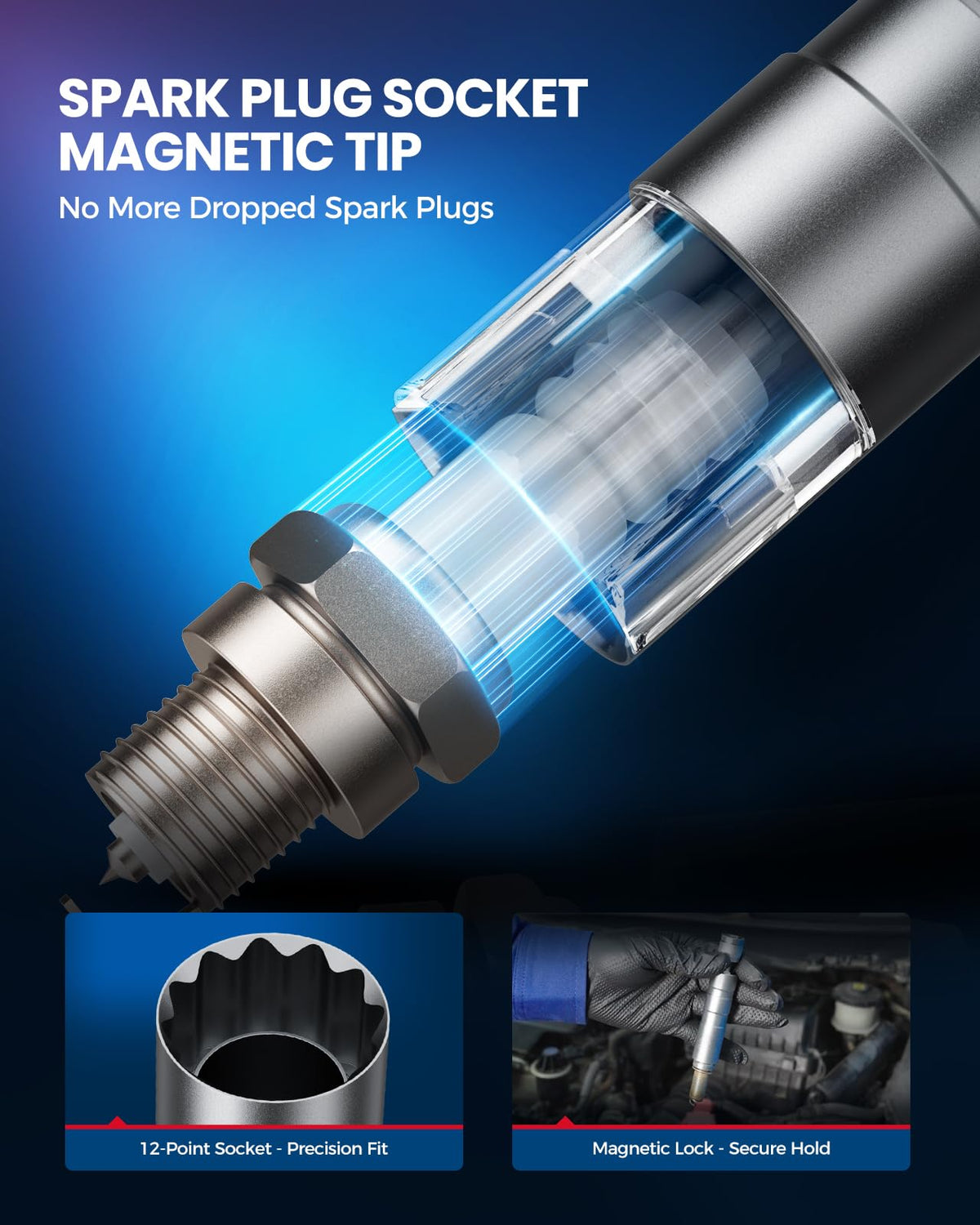 KAX magnetic socket holding a spark plug to prevent drops and speed installation