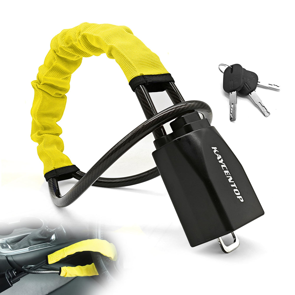 KAYCENTOP front view on steering wheel showing clear theft deterrent