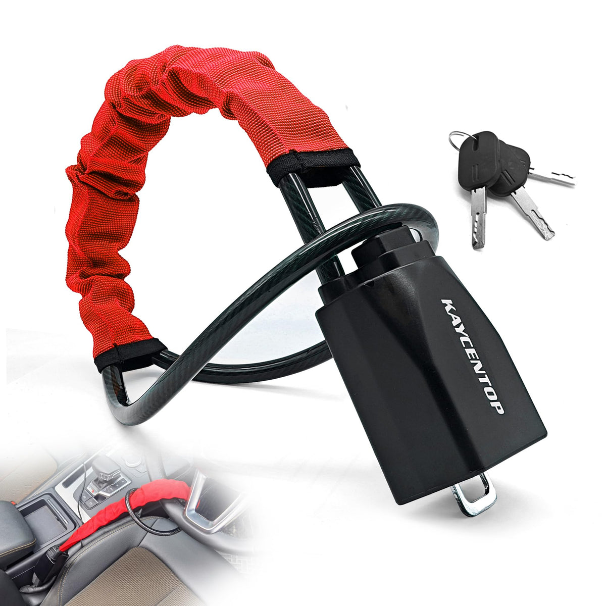 KAYCENTOP front view showing compact lock and bright red finish for visible deterrence