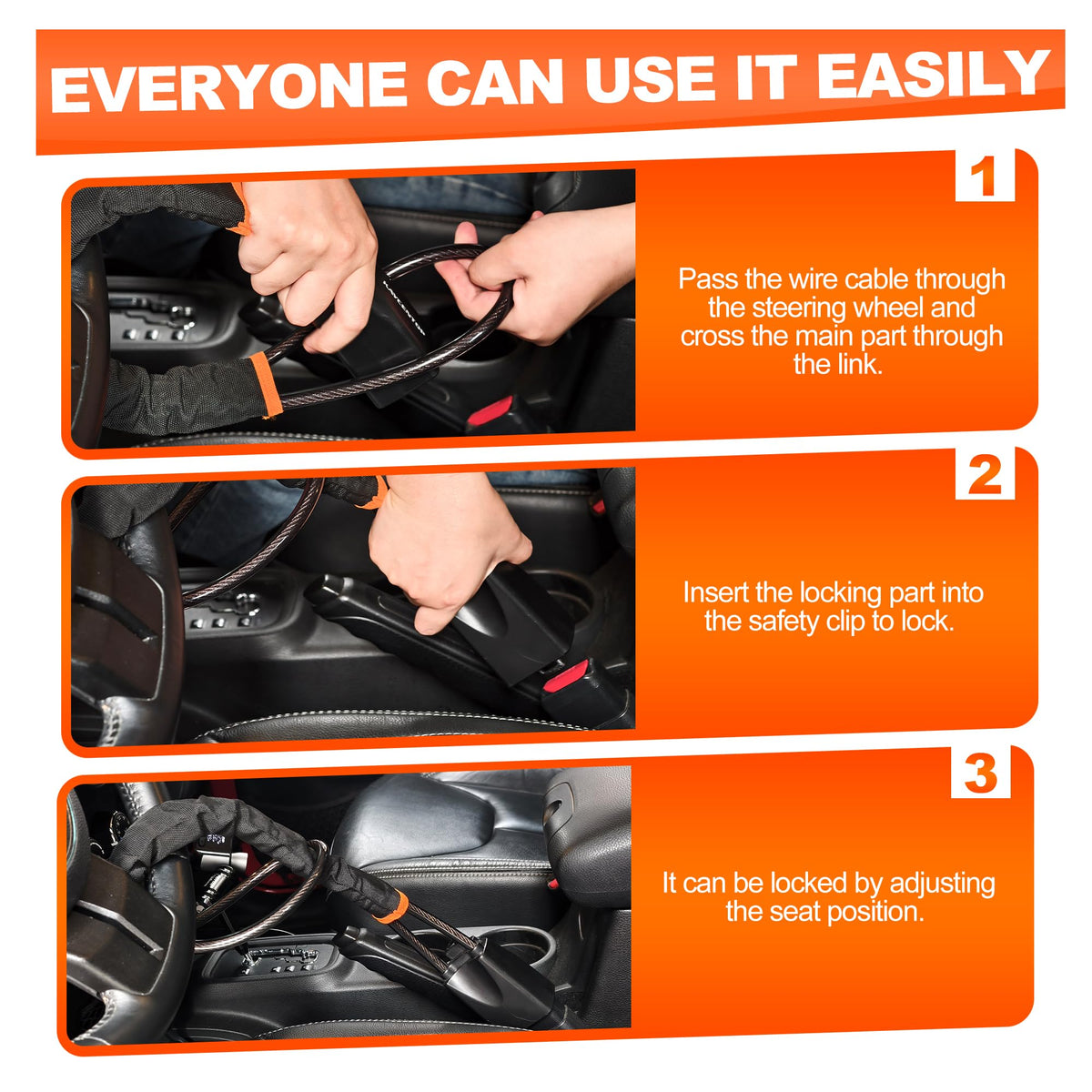 KAYCENTOP installed on steering wheel demonstrating theft prevention