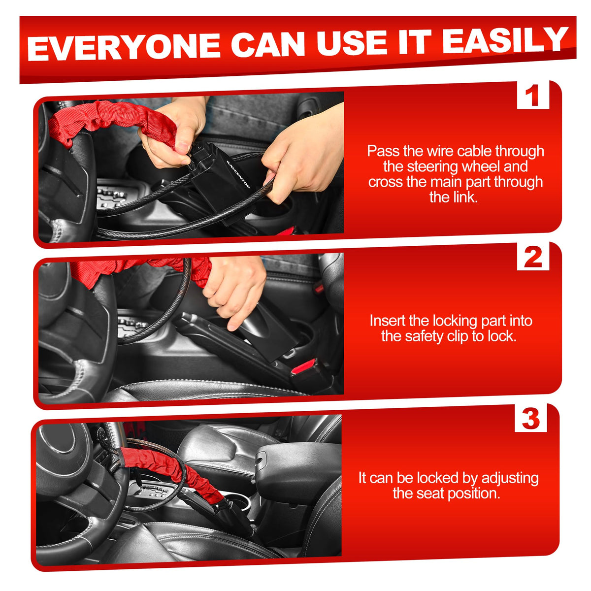 KAYCENTOP installed on steering wheel illustrating quick, secure immobilization benefit
