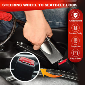 KAYCENTOP securing seatbelt loop to wheel showing multi-use anti-theft convenience