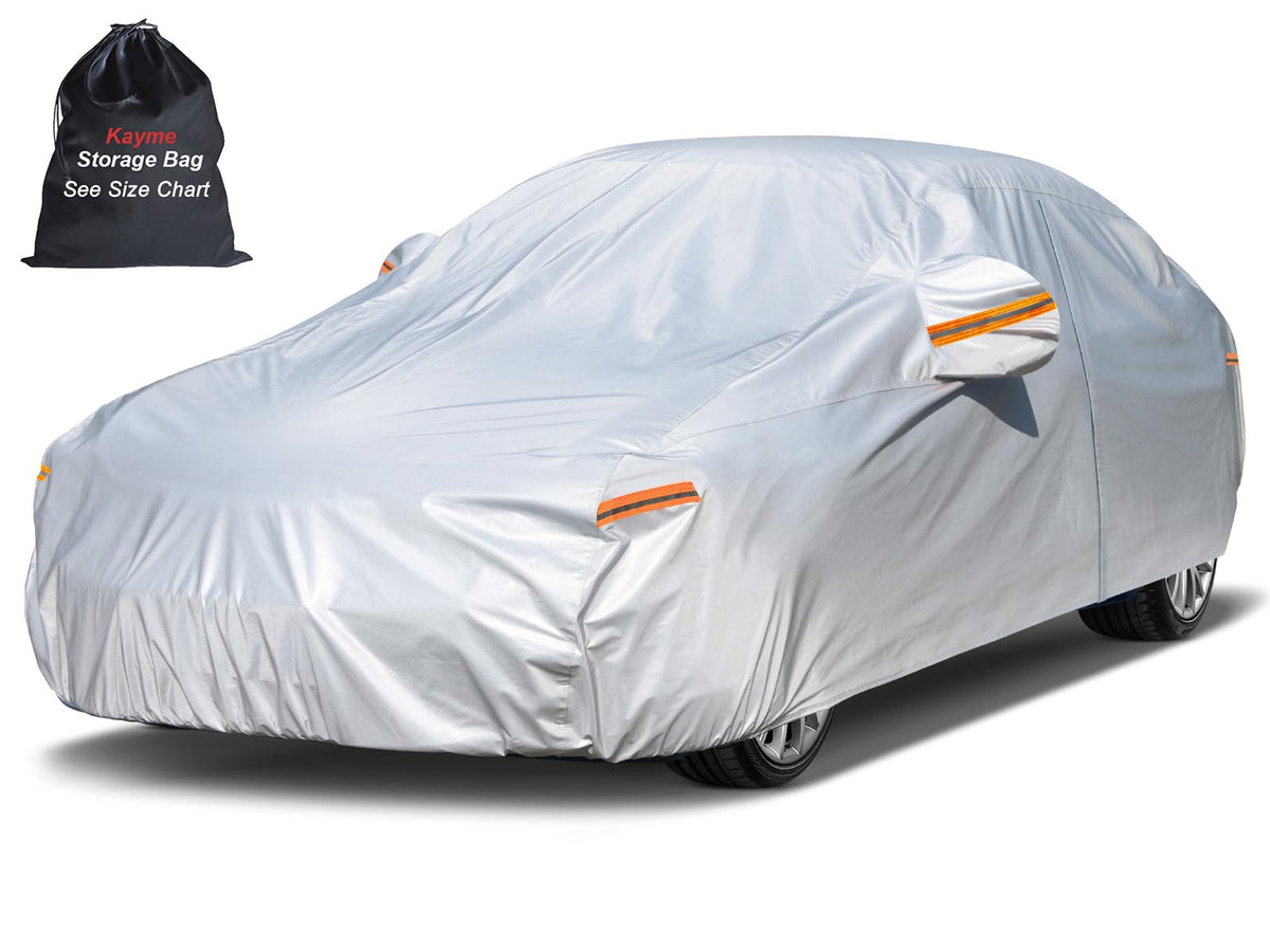 kayme front view of cover fitted on sedan showing snug fit and paint protection