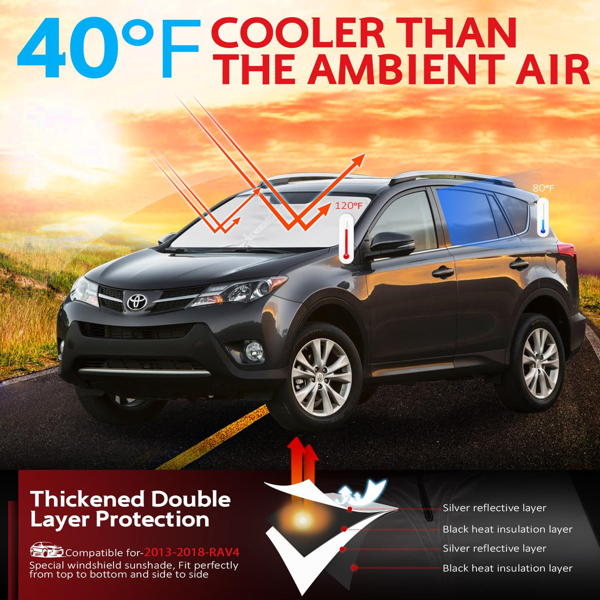 KAYZT sunshade in parked RAV4 lifestyle scene keeping cabin cooler and protected