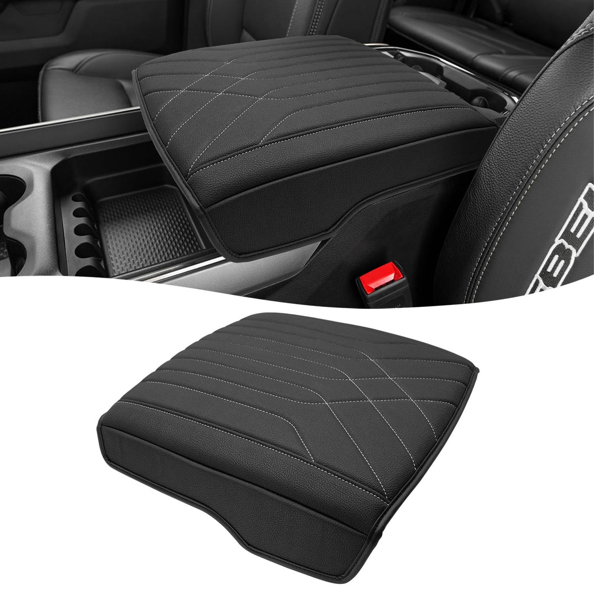 KBH front view of armrest cover showing fit and finished look, improves cabin style