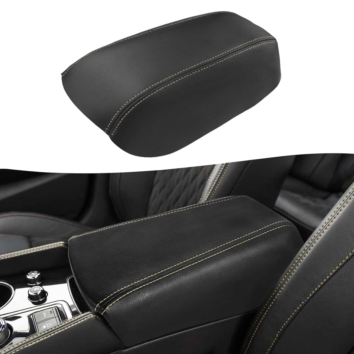 KBH front view of console cover showing fit and black-beige stitch benefit: improved cabin look