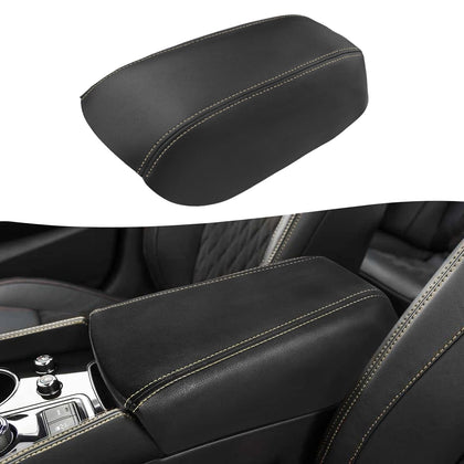 KBH front view of console cover showing fit and black-beige stitch benefit: improved cabin look