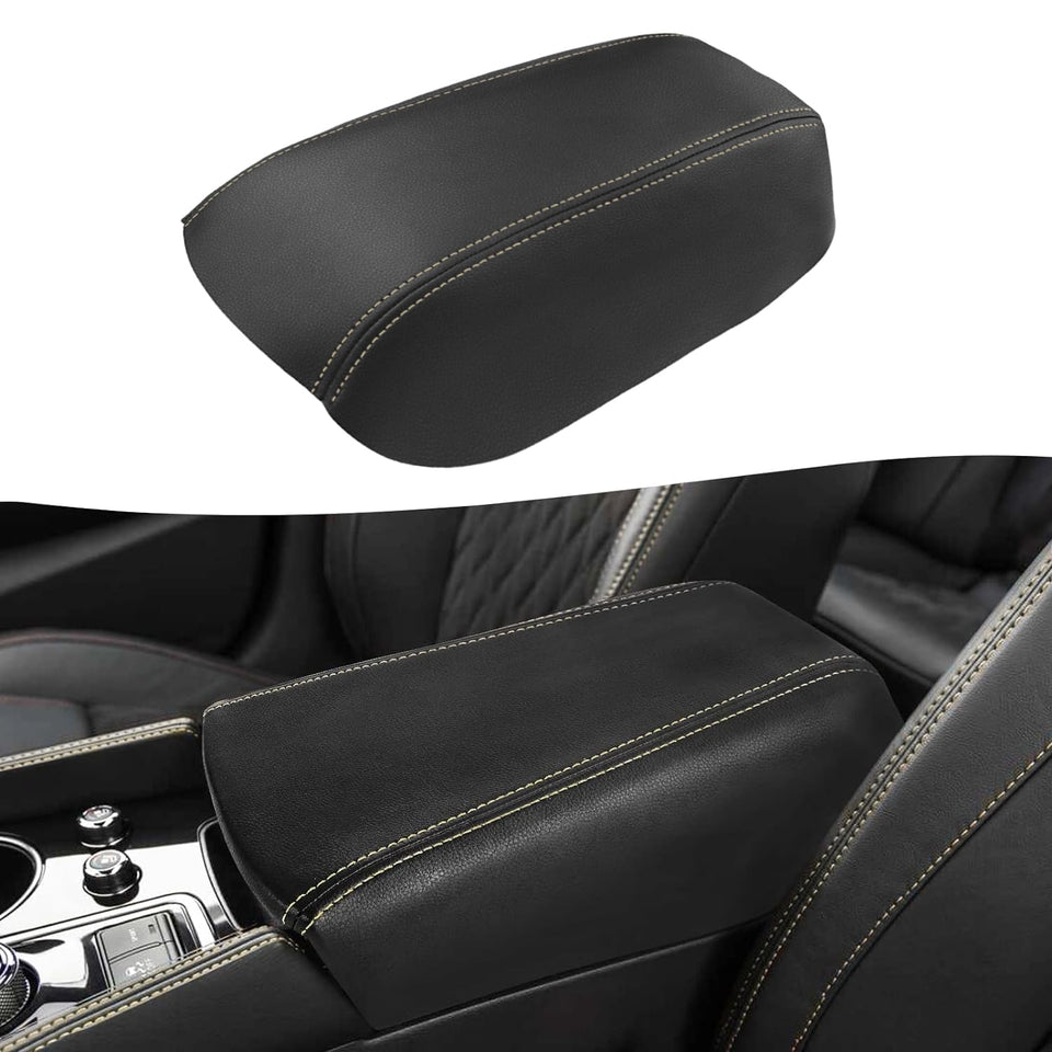 KBH front view of console cover showing fit and black-beige stitch benefit: improved cabin look