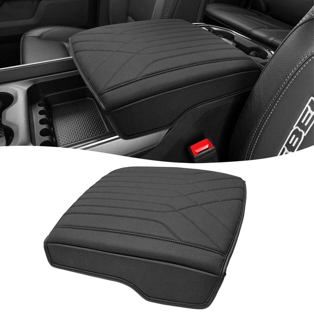 KBH front view of armrest cover showing sleek black vinyl and improved comfort