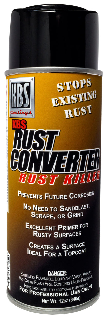 KBS Coatings aerosol front view shows label and benefit: converts rust to paint-ready surface