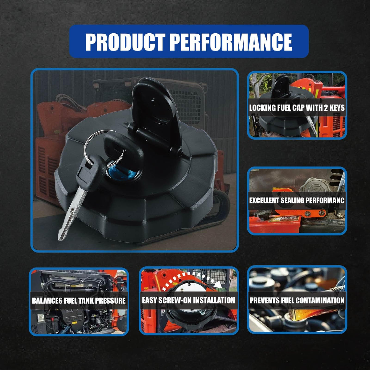 KD KISONIED cap installed on Kubota loader demonstrating restored fuel protection benefit