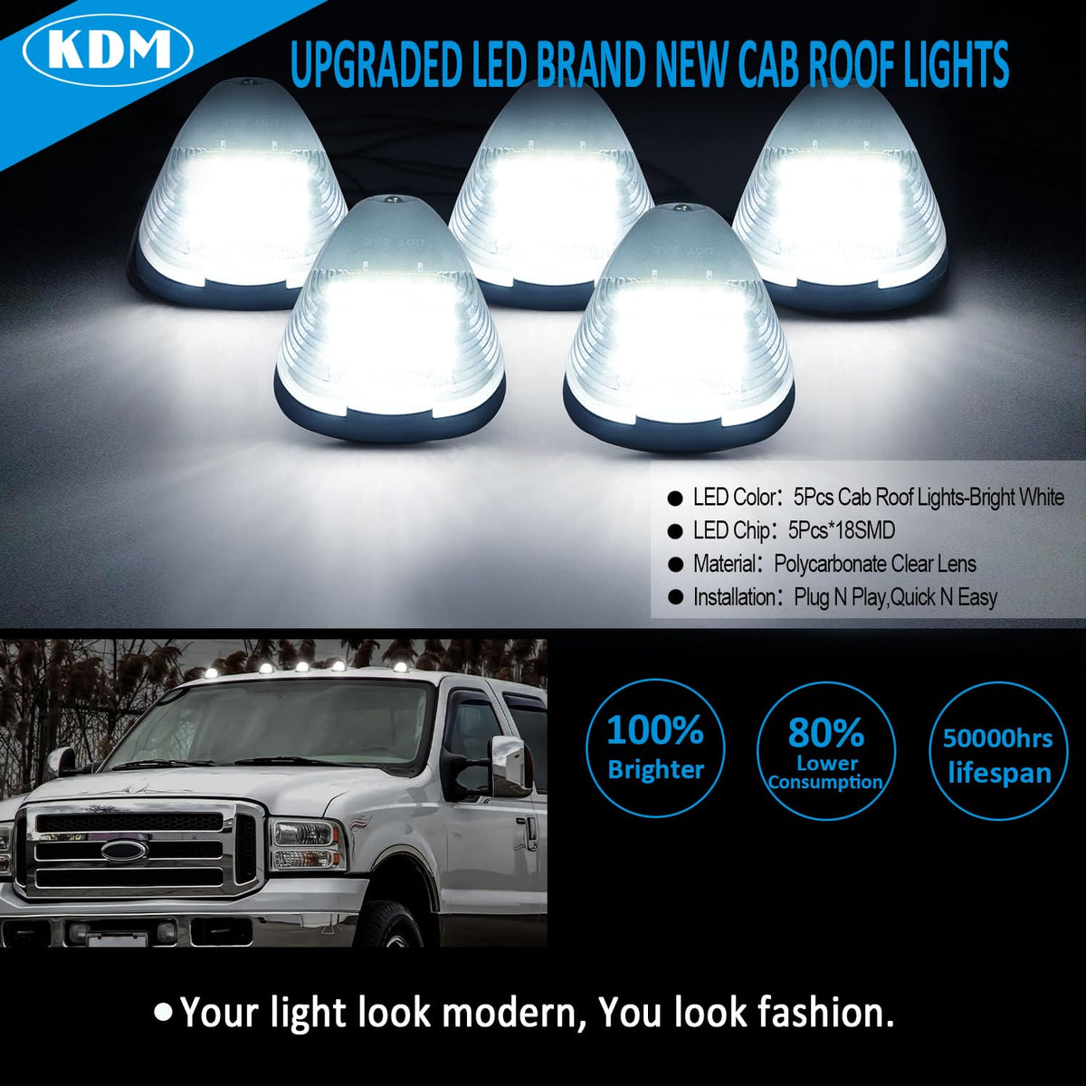 KDM illuminated marker on truck roof at night demonstrating brighter visibility