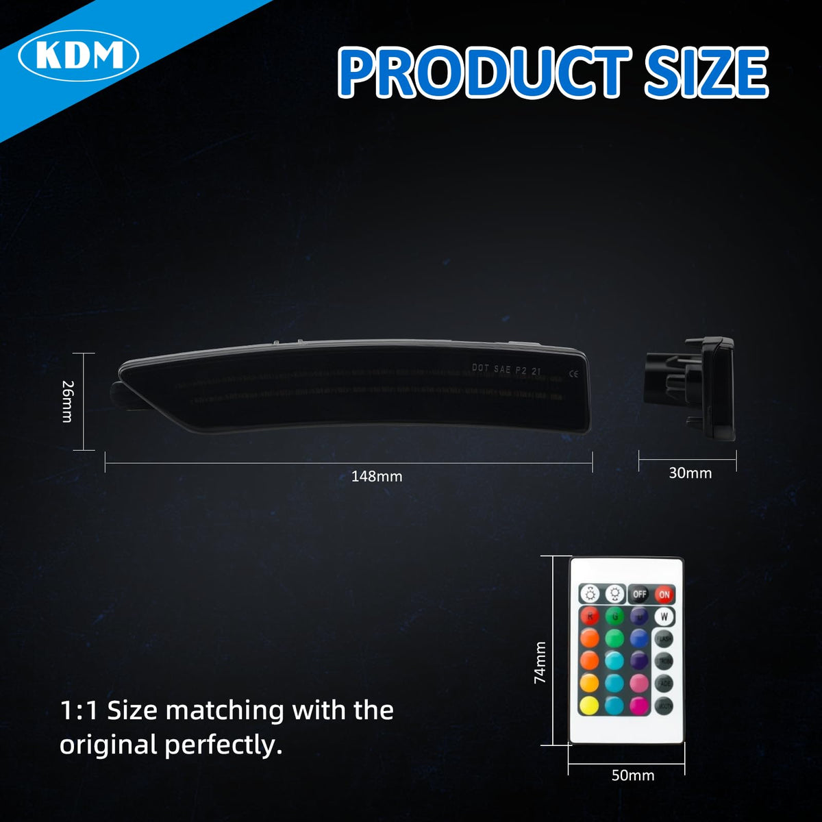 KDM side markers illuminated at night showing vivid RGB color options and visibility boost