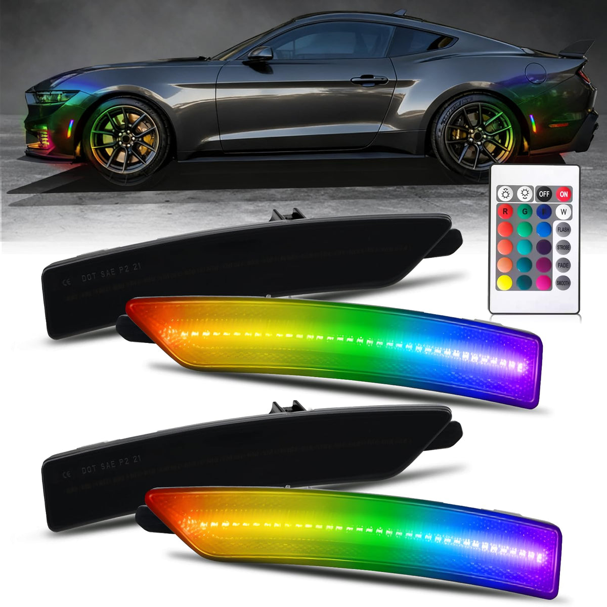 KDM smoked front side marker on Mustang showing sleek upgrade and improved visibility