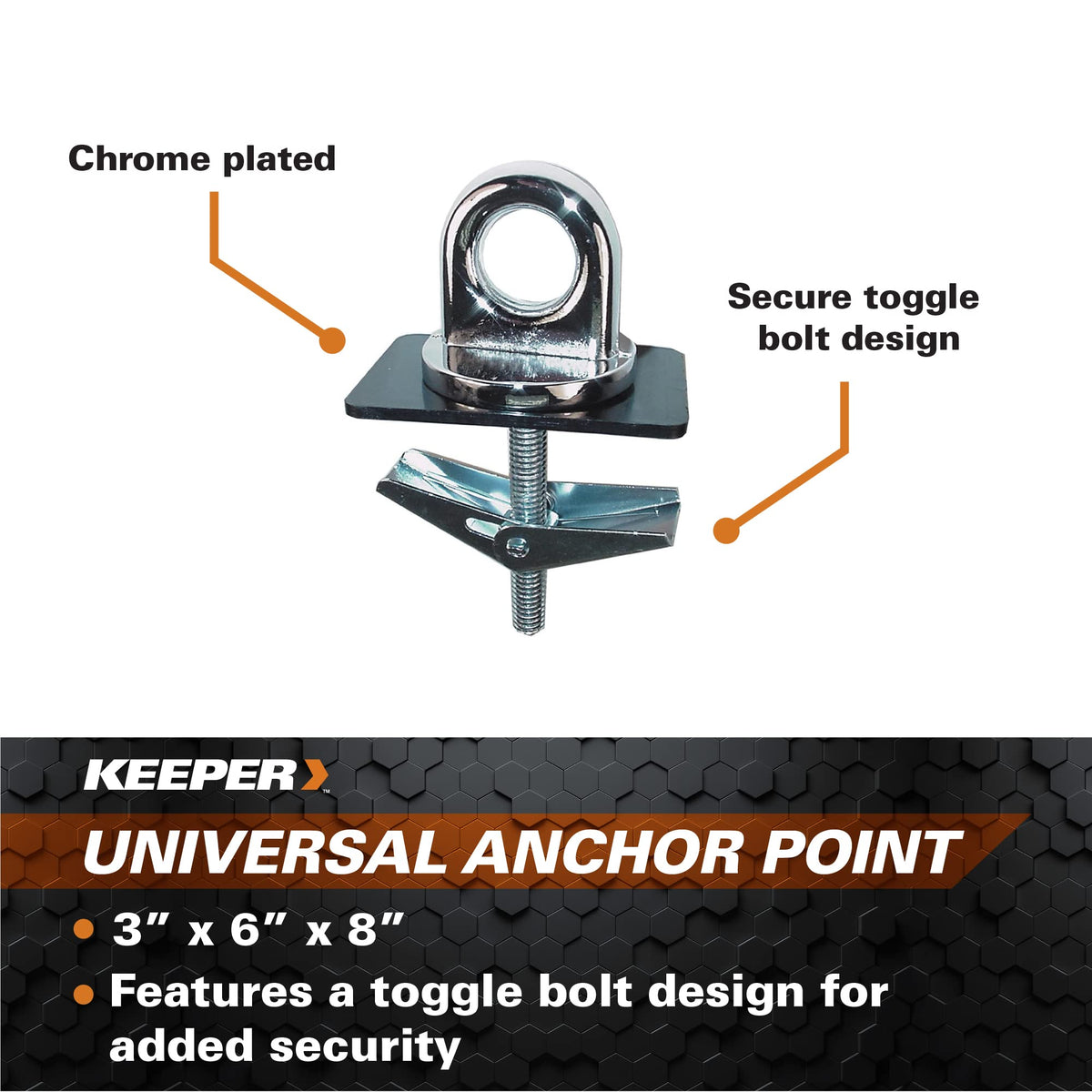 KEEPER close-up of toggle bolt and chrome finish showing durable secure grip