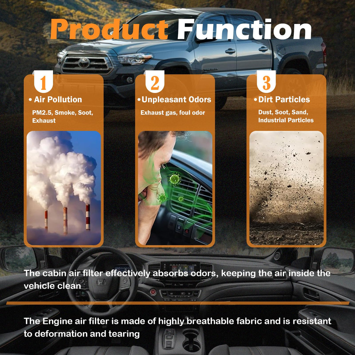 Kefly filters displayed with Toyota Tacoma for improved cabin comfort benefit