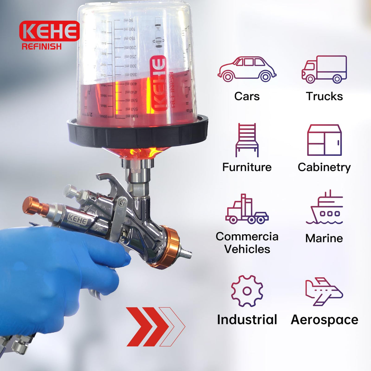 KEHE REFINISH cup mounted on HVLP gun demonstrating ready-to-spray convenience