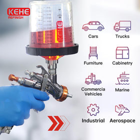KEHE REFINISH cup mounted on HVLP gun demonstrating ready-to-spray convenience