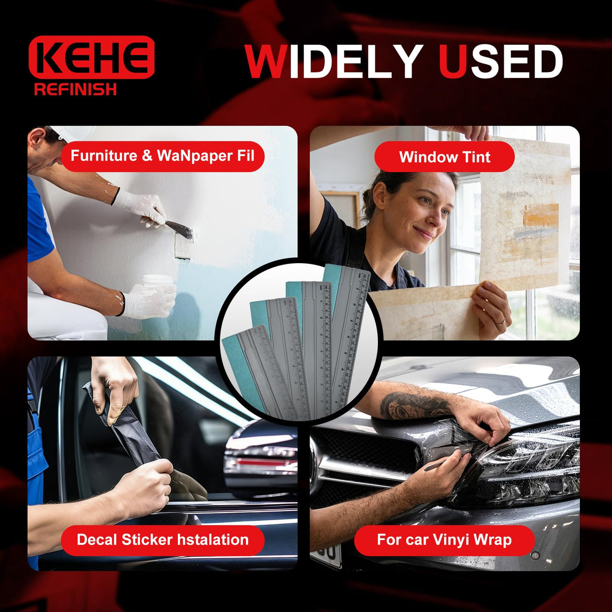 KEHE REFINISH kit on a workbench showing tools ready for wallpaper and decals