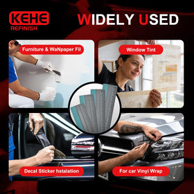 KEHE REFINISH kit on a workbench showing tools ready for wallpaper and decals
