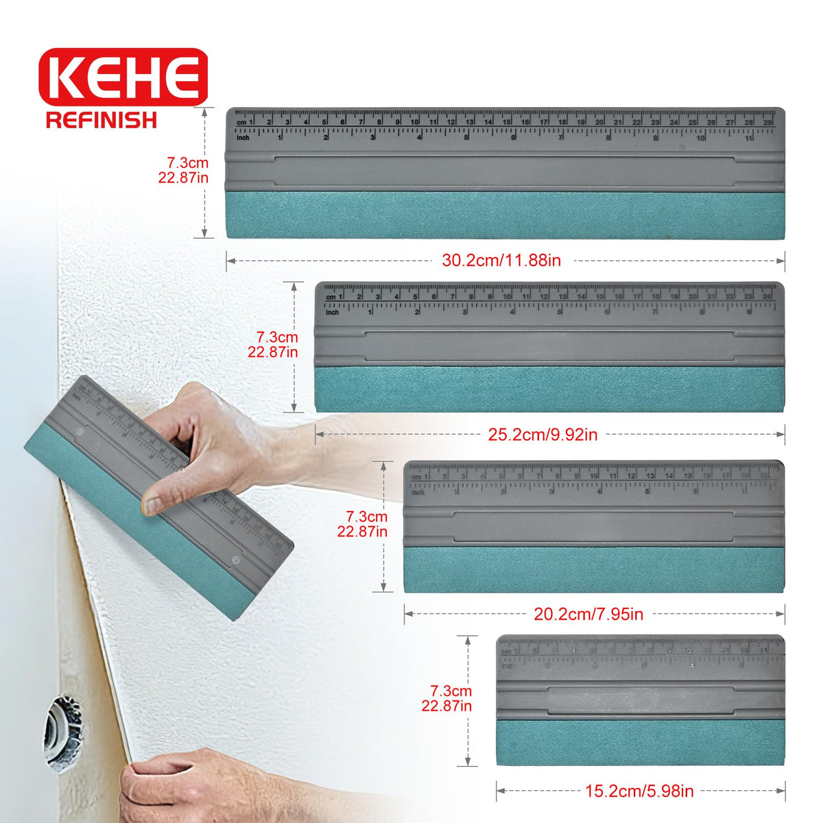 KEHE REFINISH four squeegees laid out to show size differences and versatility