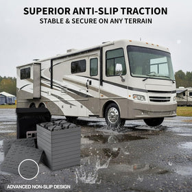 Keltrion blocks in use under RV wheel improving campsite stability benefit