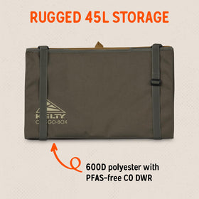 Kelty cargo box folded flat demonstrating compact storage and space-saving benefit