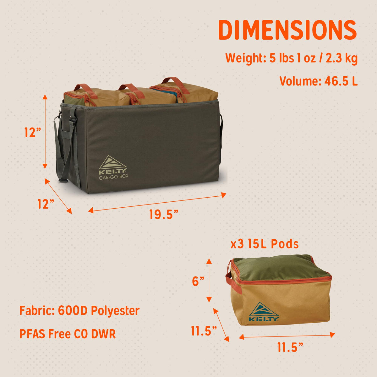 Kelty cargo box pod close-up showing fabric durability and quick sorting benefit