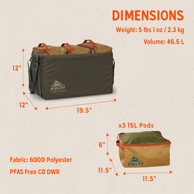 Kelty cargo box pod close-up showing fabric durability and quick sorting benefit