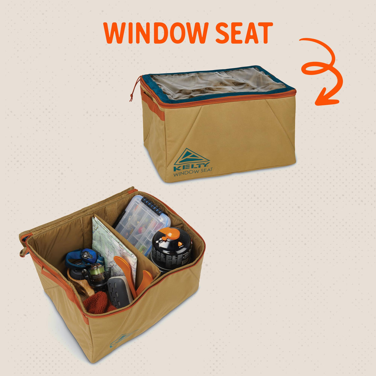 Kelty Window Seat clear lid close-up revealing contents for easy spotting