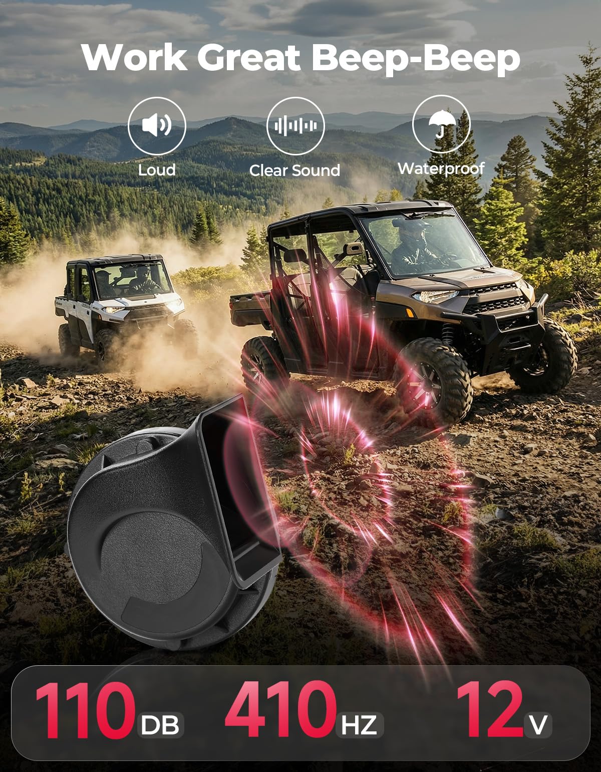 KEMIMOTO 110dB horn mounted on UTV demonstrating audible alert