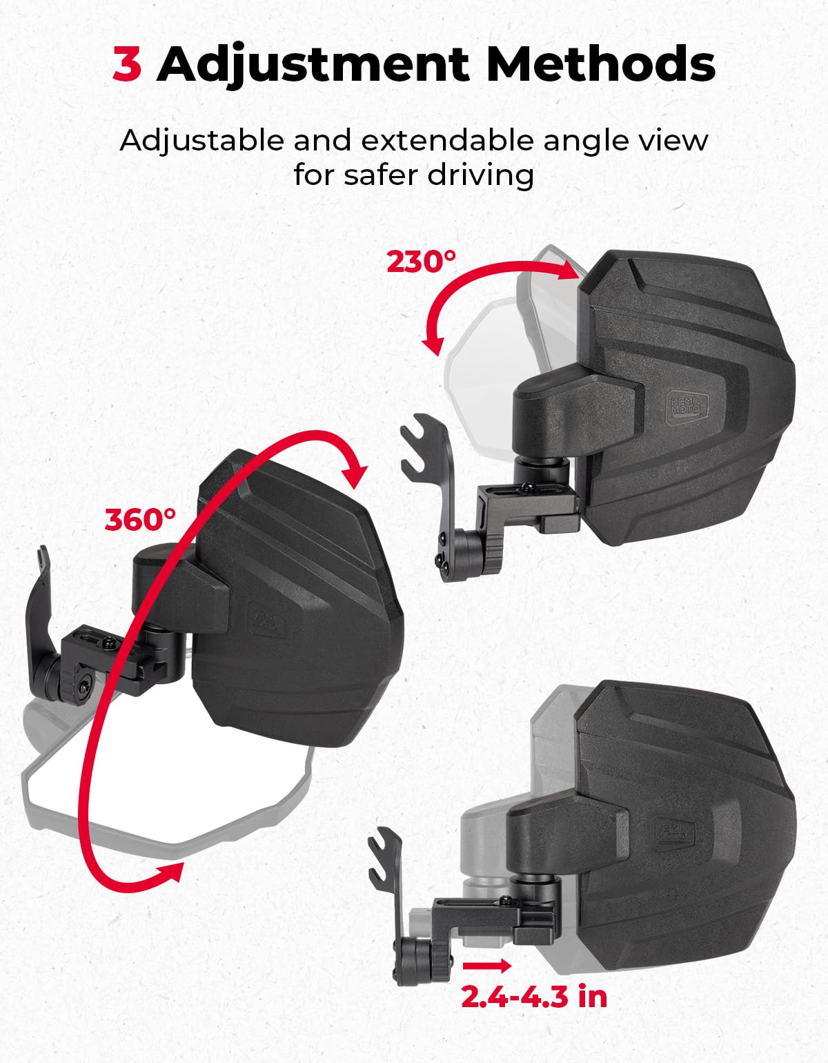 KEMIMOTO telescoping adjustment mechanism showing adjustable reach to reduce blind spots