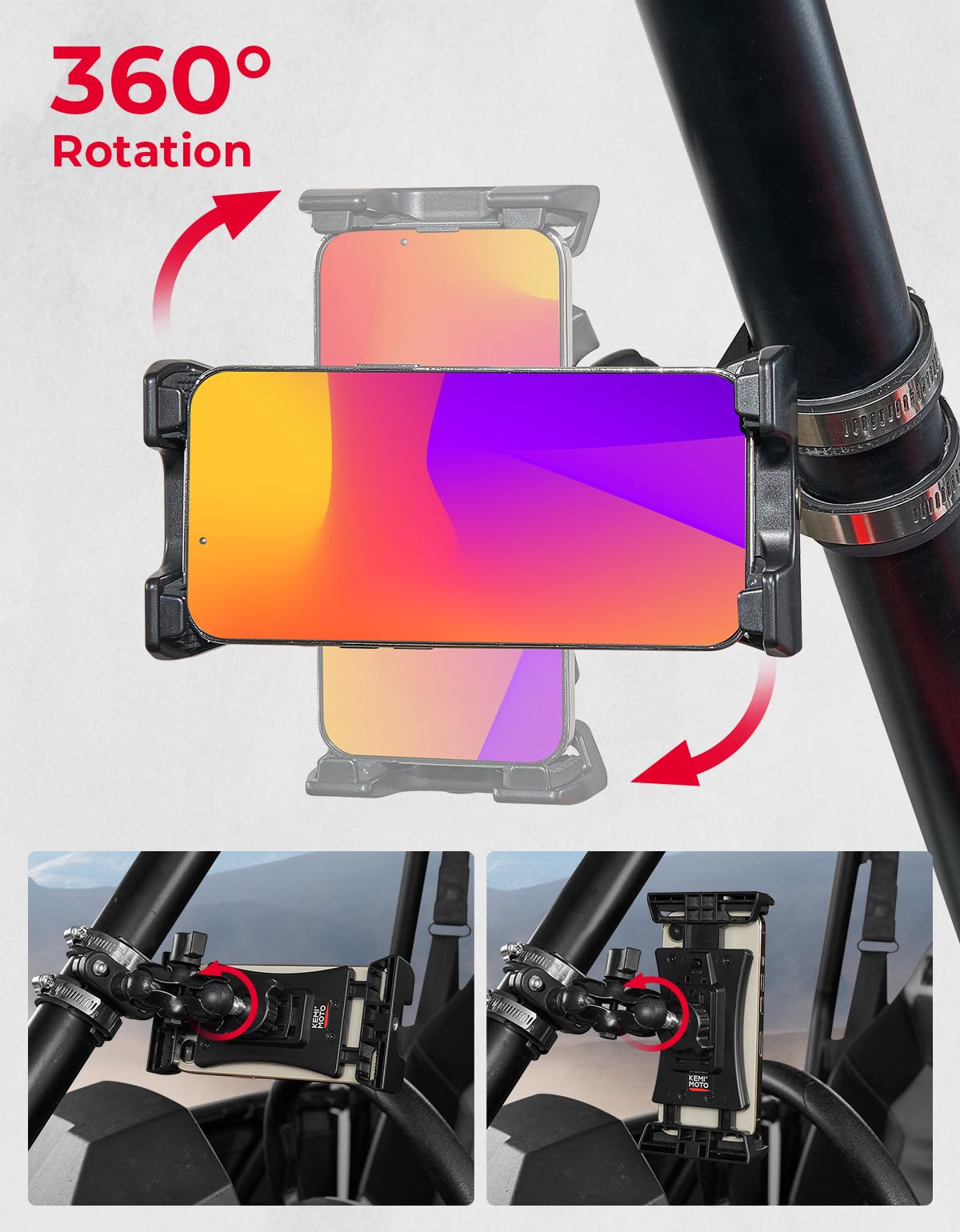 KEMIMOTO rotated on handlebar to show adjustable viewing angle benefit