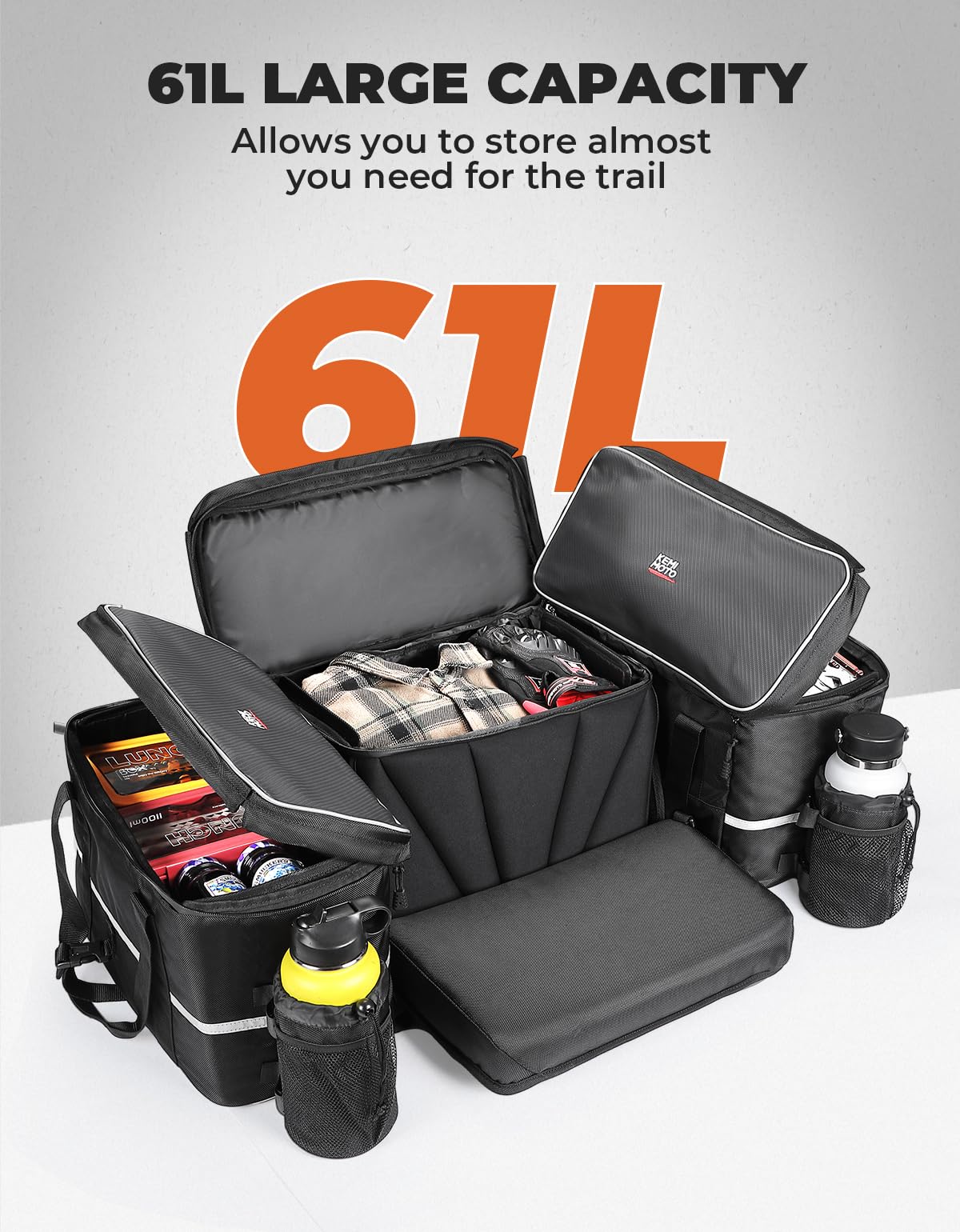 KEMIMOTO top-opened bag displaying large main compartment and internal pockets for organization