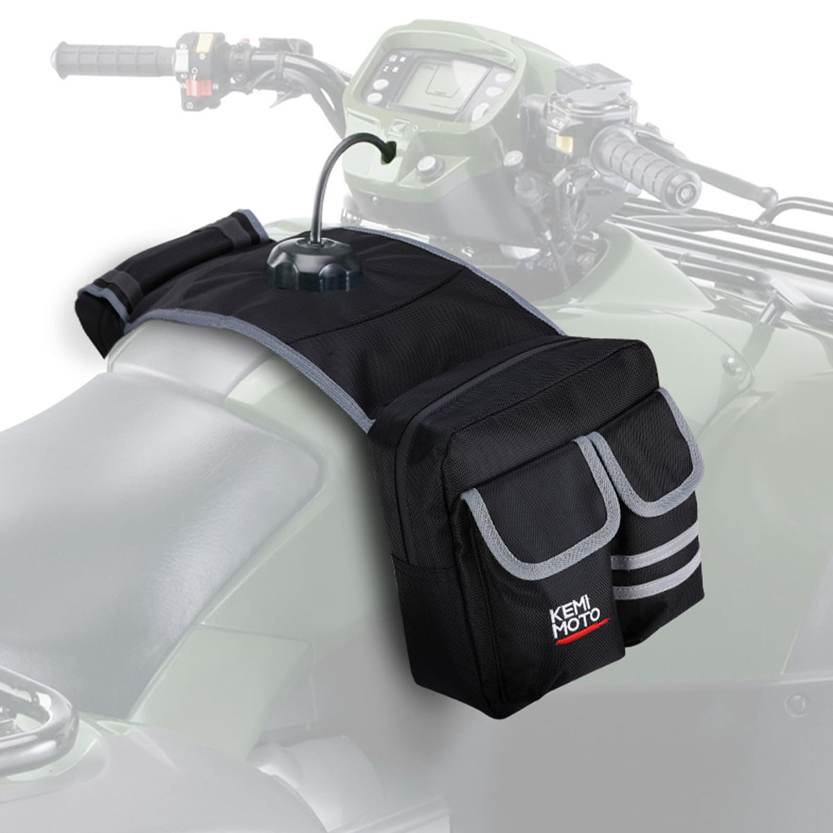 KEMIMOTO tank bag front view showing compact insulated cooler and pockets for organized storage