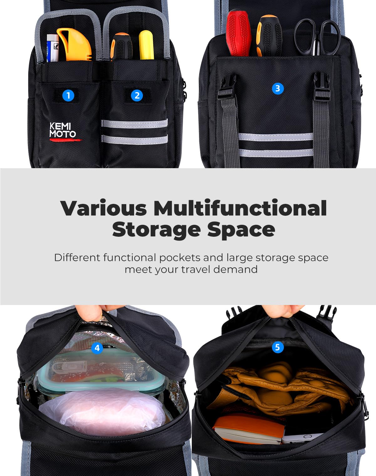 KEMIMOTO tank bag mounted on ATV showing secure soft-back fit and strap attachment