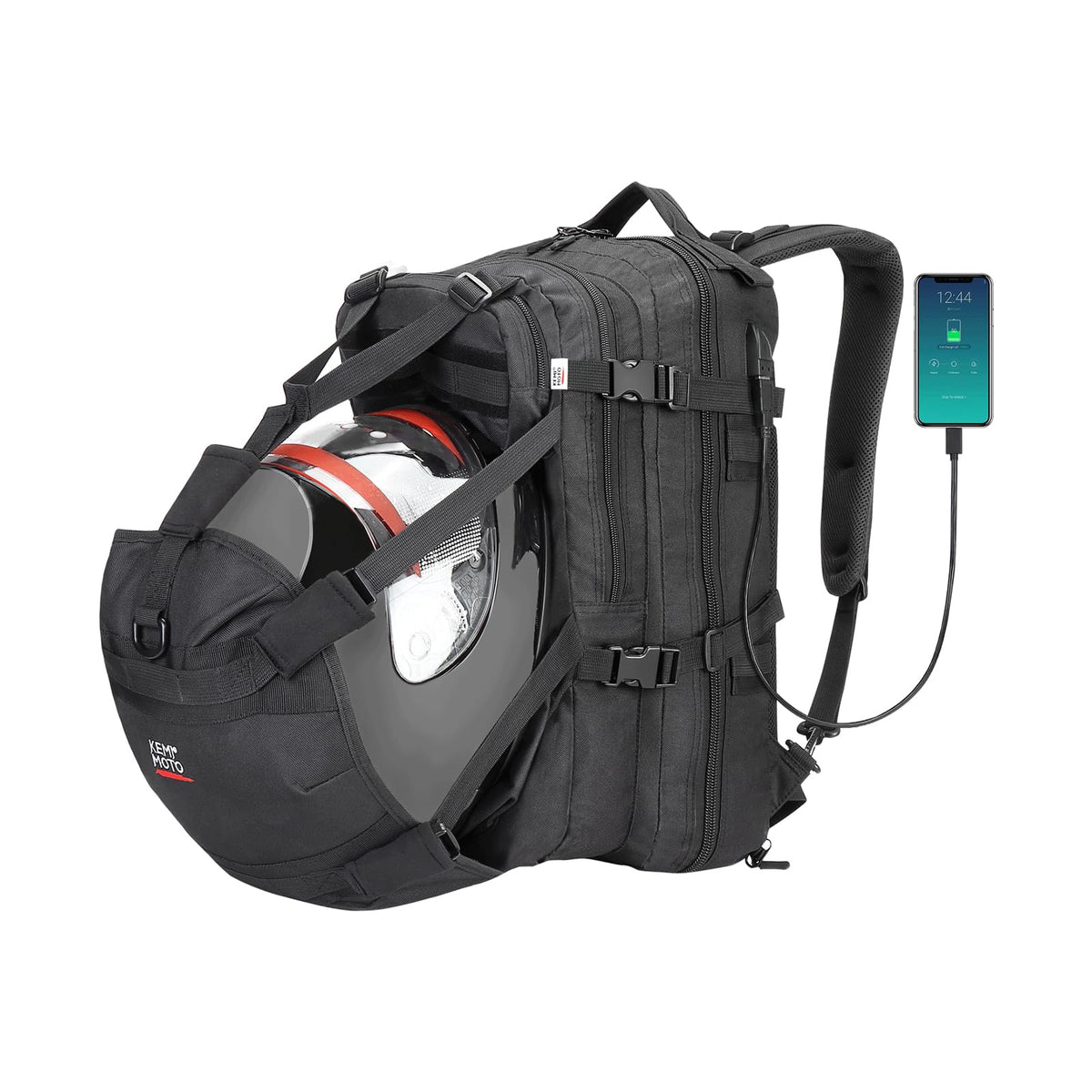 KEMIMOTO front view of backpack showing streamlined storage and quick access
