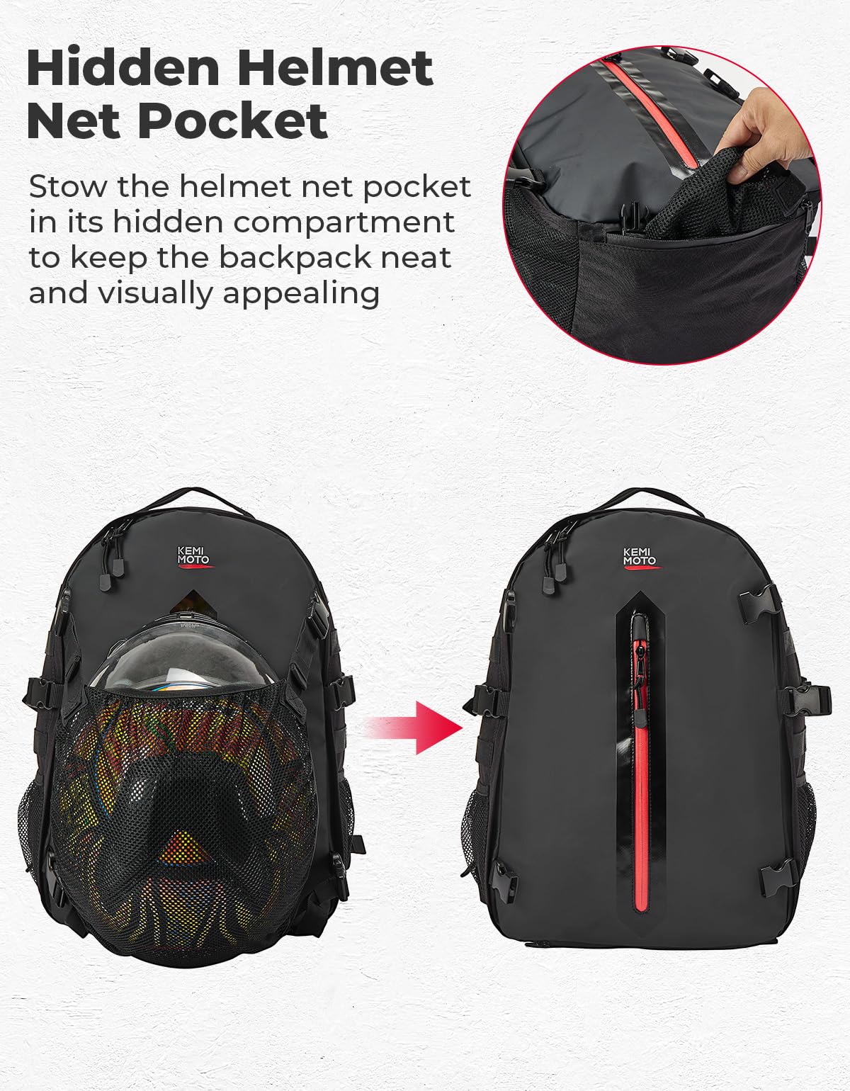 KEMIMOTO backpack strapped to motorcycle showing secure transport advantage