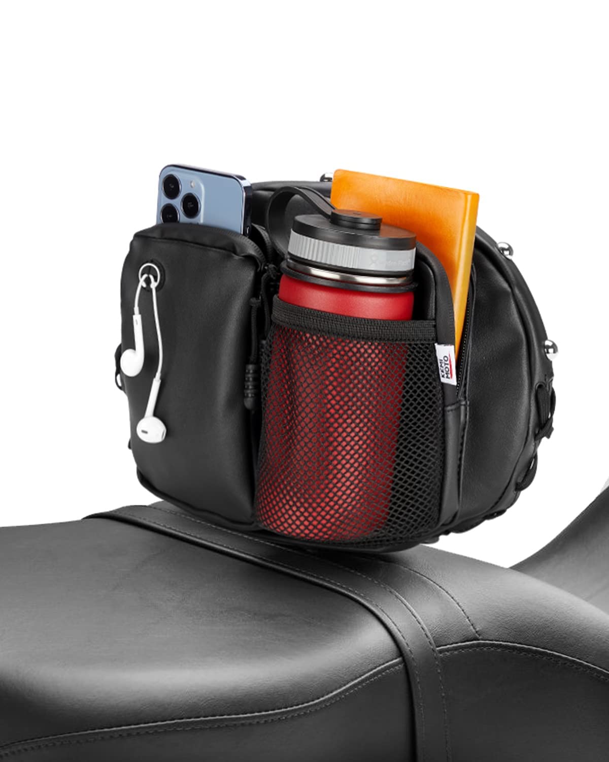 KEMIMOTO front view of backrest bag showing pockets and compact profile for easy storage