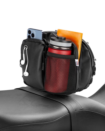 KEMIMOTO front view of backrest bag showing pockets and compact profile for easy storage