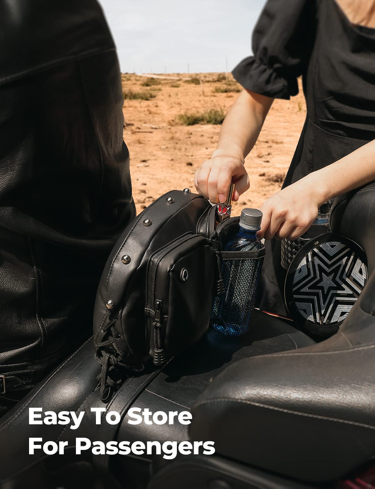 KEMIMOTO mesh drink pocket holding a bottle for quick sip access while riding