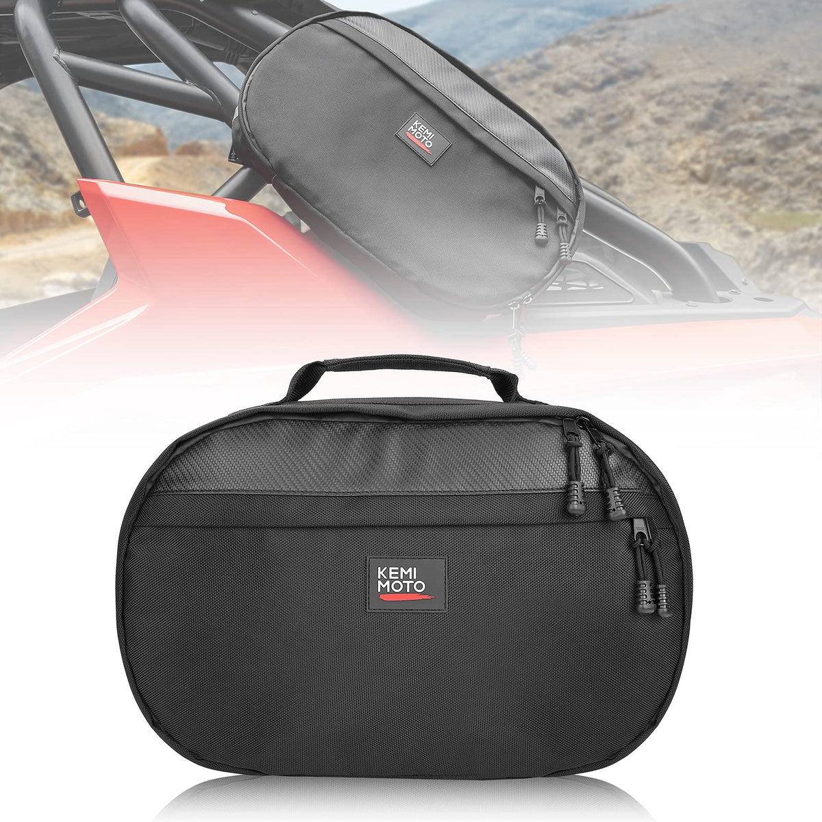 KEMIMOTO front view of belt bag showing organized pockets and carry handle for easy transport