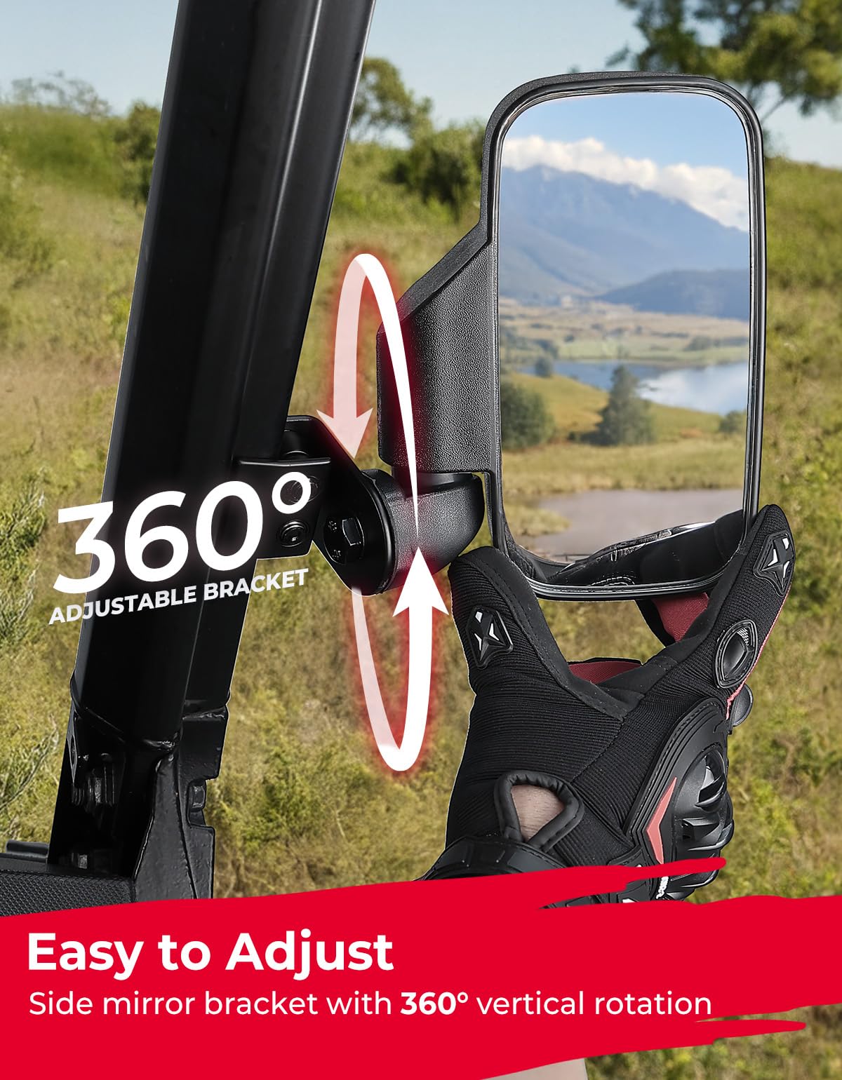 KEMIMOTO folded mirror demonstrating break away impact protection