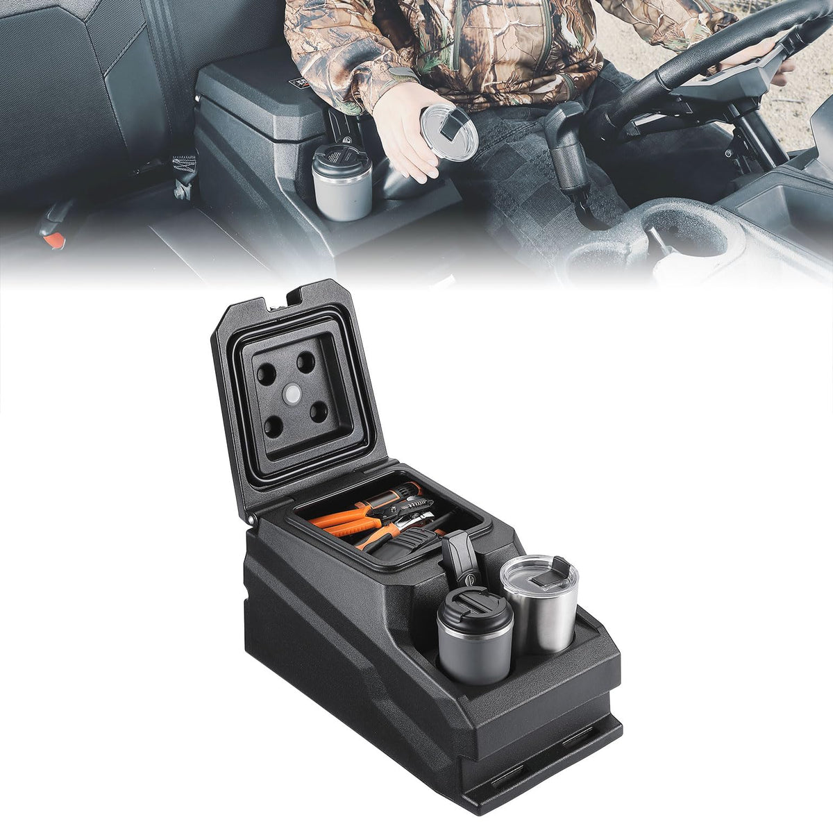 KEMIMOTO front view of center console showing fit and finish, boosts organization