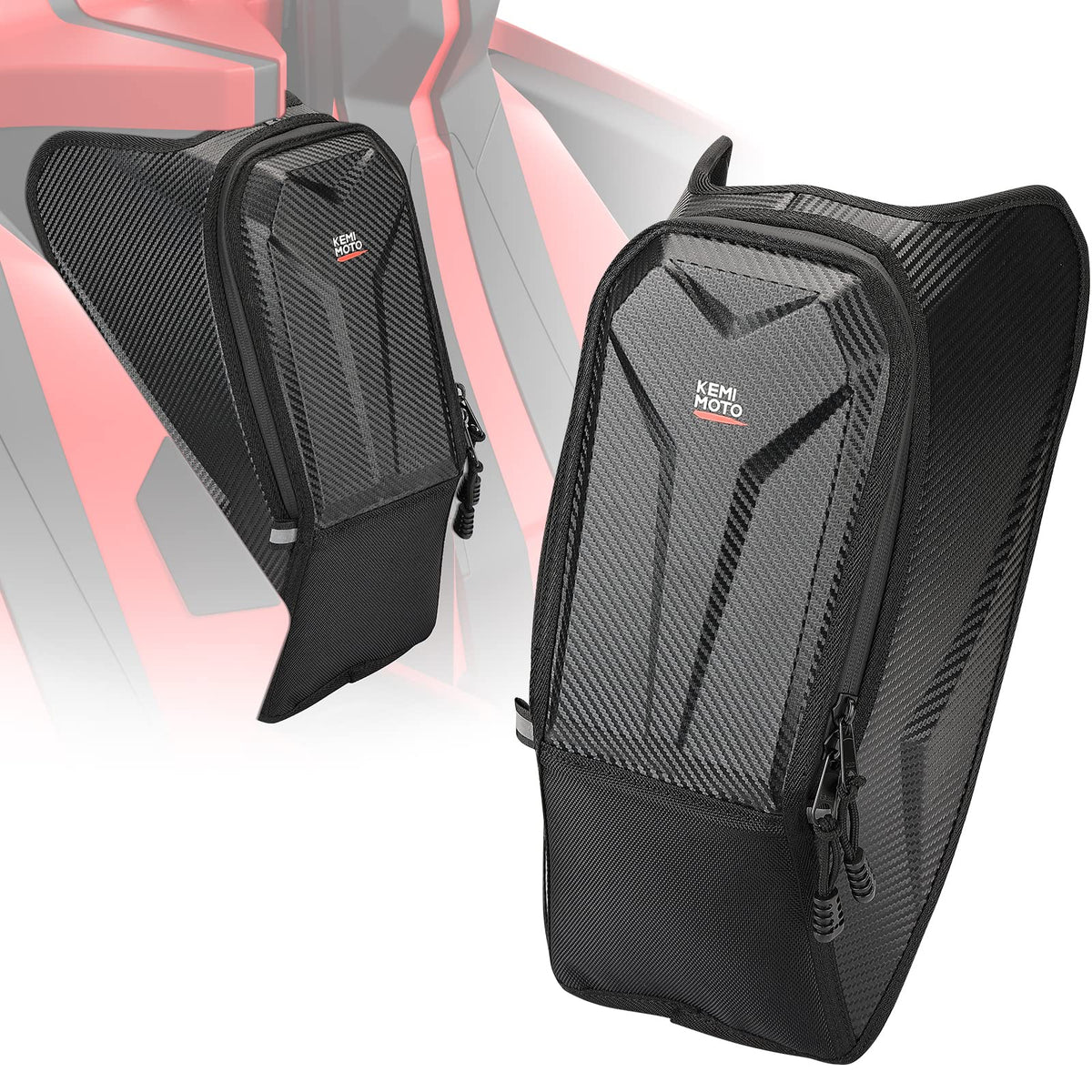 KEMIMOTO center console bag front view showing sporty carbon-fiber finish and fit