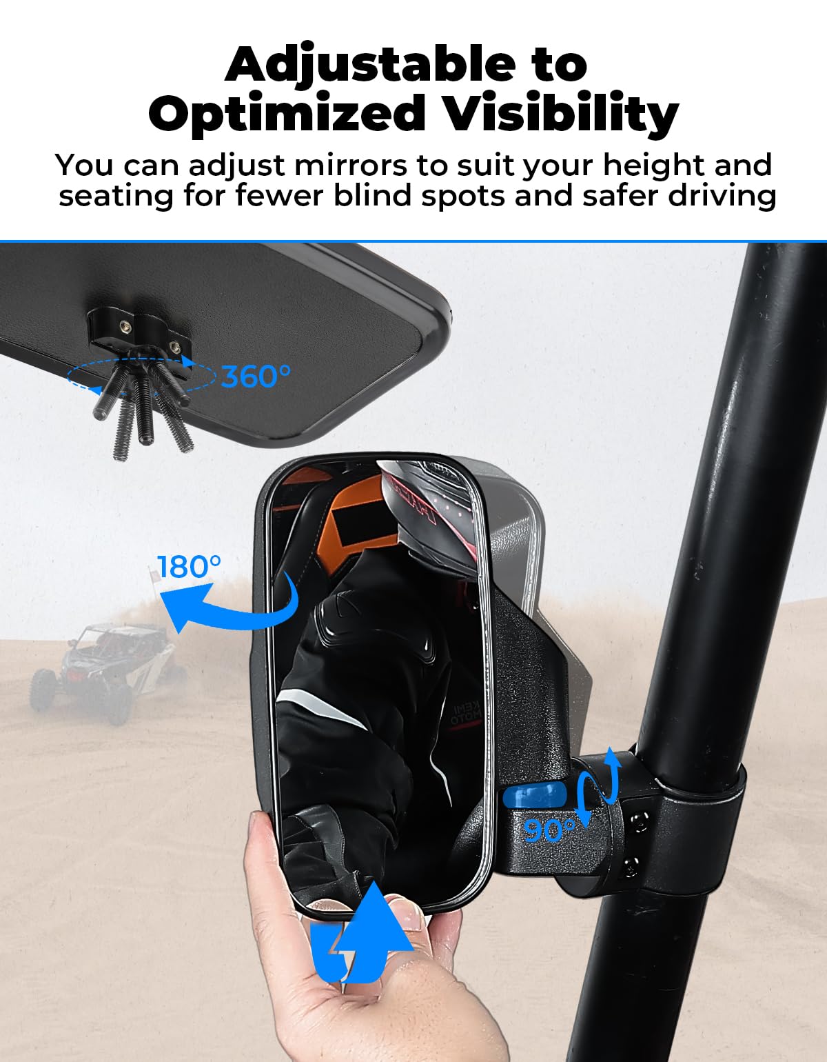 KEMIMOTO center mirror rotated to show 360-degree adjustability and clear view
