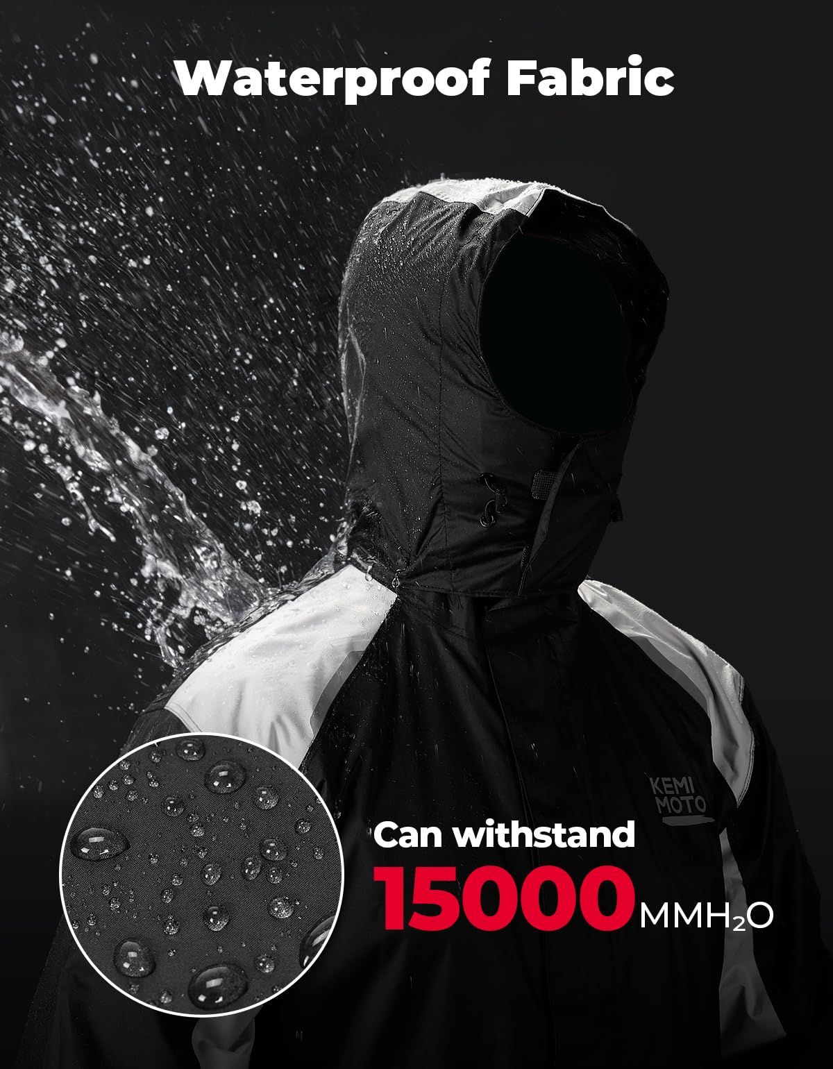 KEMIMOTO fabric and taped seam close-up demonstrating waterproof durability